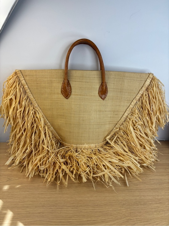 Handbags - Large Straw Fringe Tote Bag with Leather Handles - Natural NWT